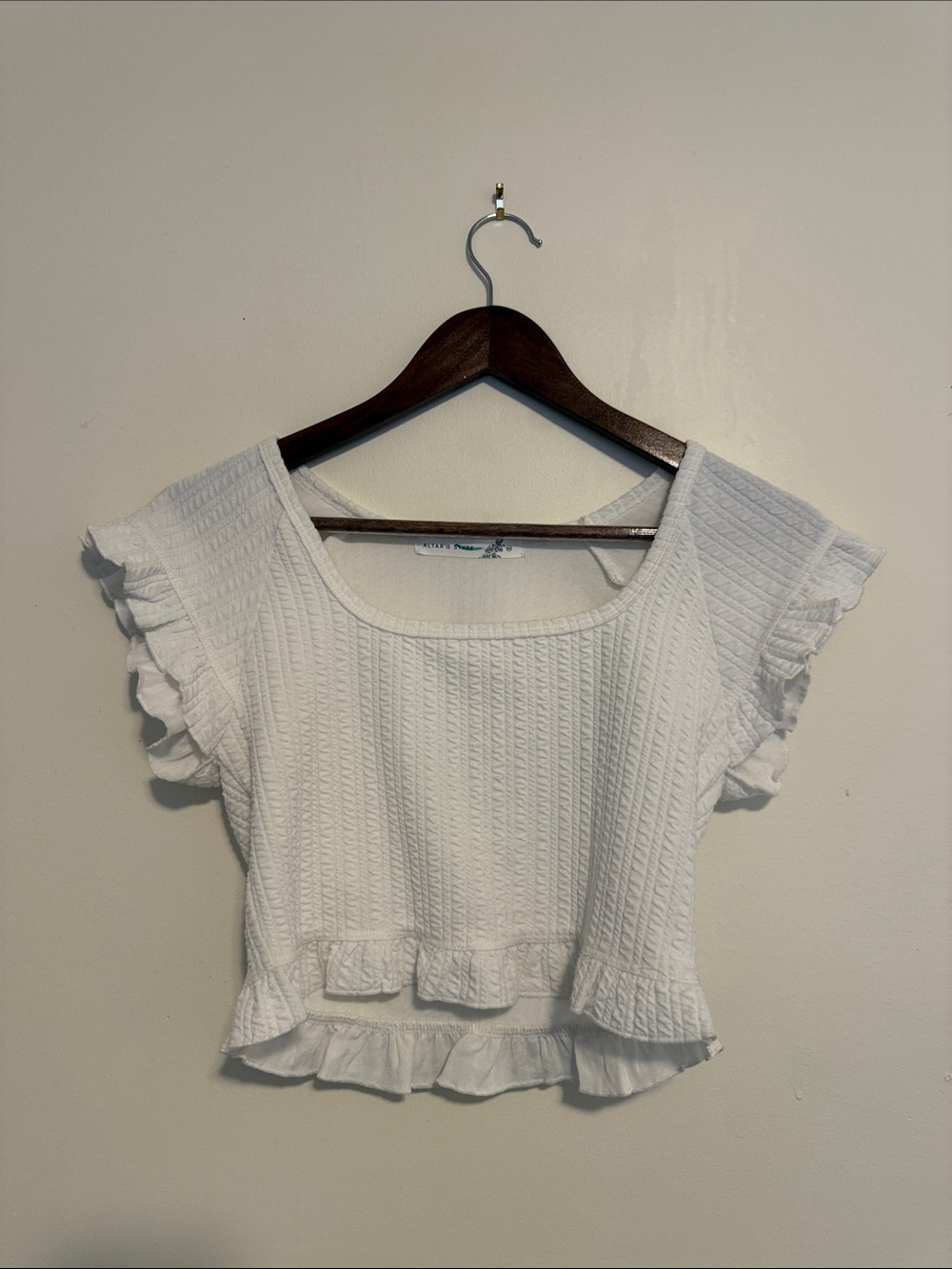 Altar'd State Square Neck Feminine White Textured Ruffle Sleeve Crop Top